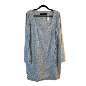 NWT Gabrielle Union Light Blue Deep U Neck Long Bell Sleeve Fine Mesh Knit Dress